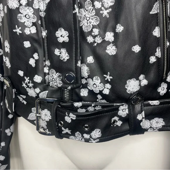 Michael Michael Kors Moto Jacket M Black White Flowers Floral Faux Leather - Picture 4 of 10